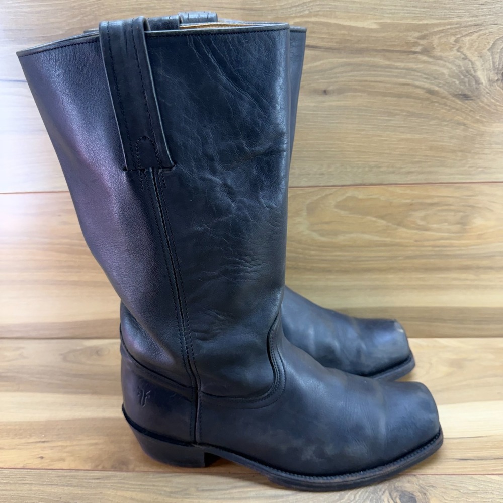 FRYE Vintage Campus Tall Boots Mens 10.5 D Black Leather Zip Square Biker USA